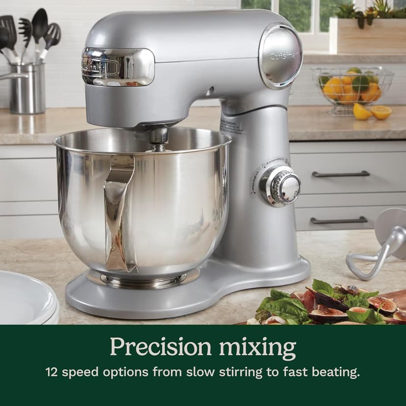Cuisinart Stand Mixer, 12 Speeds, 5.5-Quart Mixing Bowl, Chef's Whisk, Flat Mixing Paddle, Dough Hook, and Splash Guard with Pour Spout, Silver Lining, SM-50BC, Silver Lining