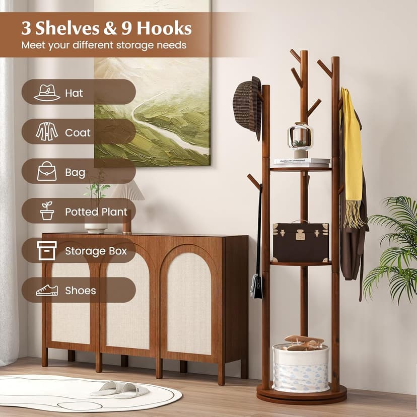 Tangkula Coat Rack Freestanding, Rotary Wooden Coat Tree with 3 Display Storage Shelves & 9 Hooks for Coats, Scarves, Hats & Bags, 66 Inches Coat Hanger Stand for Entryway, Bedroom, Office (Walnut)