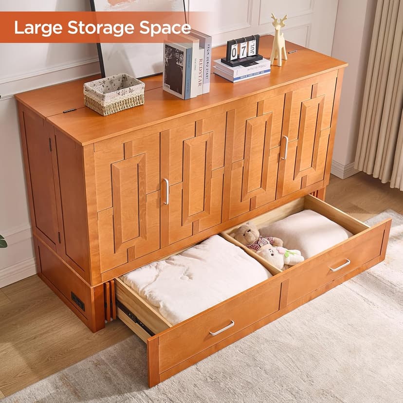 Queen Murphy Bed with Tri-Folding Mattress, Space-Saving Queen Size Wall Bed Built-in Charging Station, Foldable Murphy Bed Cabinet with 2 Storage Drawers for Bedroom, Guest Room, Cherry