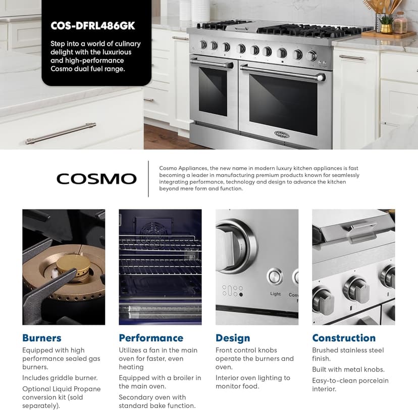 Cosmo COS-DFRL486GK 48 in. Lumin Collection 6.7 cu. ft. Double Oven Dual Fuel Range with 6 Sealed Burners, Rapid Convection, Stainless Steel
