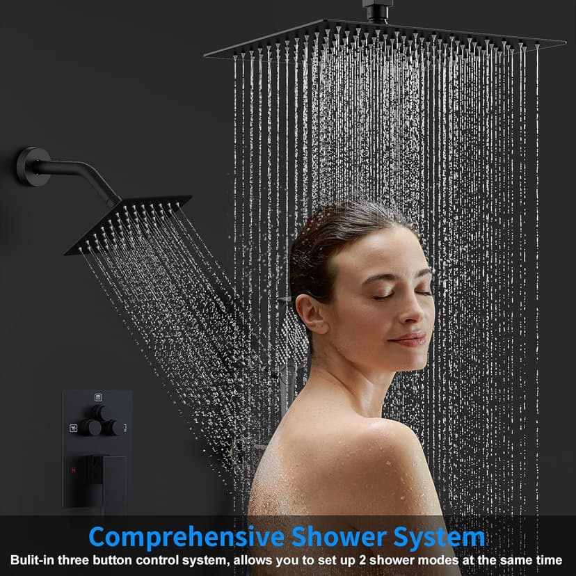 Shower Faucet Set, 12" Ceiling Mount Rainfall Shower System with 2 Rain Shower Head and Multi-function Handheld Head Push Button Diverter Shower Faucet Trim Kit (12", Matte Black)