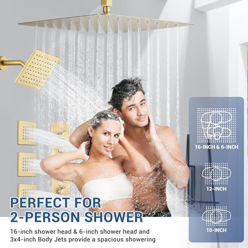Brushed Gold Thermostatic Shower System with Body Jets, Ceiling 16” Rainfall Shower & Wall Mount 6-Inch Shower Head Luxury Shower Faucet Set with Handheld Spray, Dual Shower Heads Set