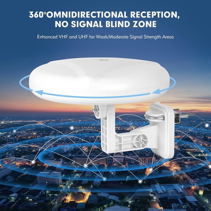 1byone Outdoor TV Antenna 360° Omni-Directional Reception Long 100+ Miles Range Enhance VHF&UHF 4K Ready HDTV Antenna with Added Stability for Outdoor/Attic/RV Use - 39ft RG6 Coax Cable