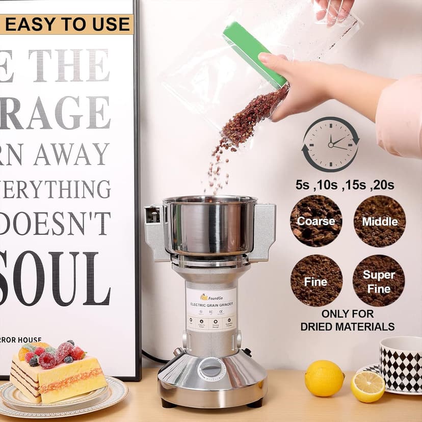 FoundGo Electric Grain Mill 10.6oz/300g Commercial Grain Grinder Stainless Steel Powder Grinding Machine 25,000rpm Pulverizer for Spice/Coffee/Flour/Pepper/Herb Superfine (300g, Standing)