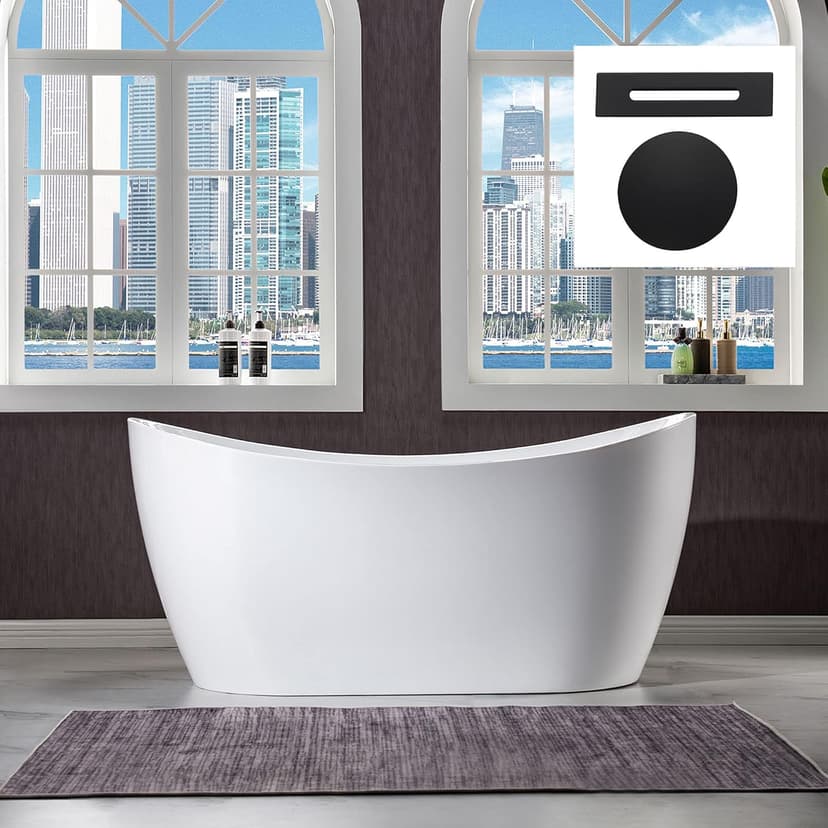WOODBRIDGE 59" Acrylic Freestanding Bathtub Contemporary Soaking White Tub with Matte Black Overflow and Drain，B0016 -MB-Drain &O