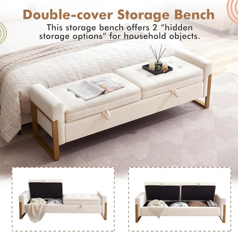 67" Storage Bench for Bedroom, King Size End of Bed Bench with Double Lids, Upholstered Storage Ottoman Bench with Golden Metal Legs, Bedroom Bench for Entryway, Cream