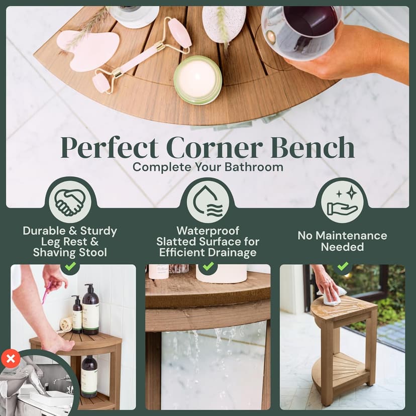 Waterproof Corner Shower Stool - Brown Waterproof Shower Bench for Shaving Legs & to Sit On - Easily Assembled Corner Bench & Shelf - Restroom Organizer - Bathroom Stool