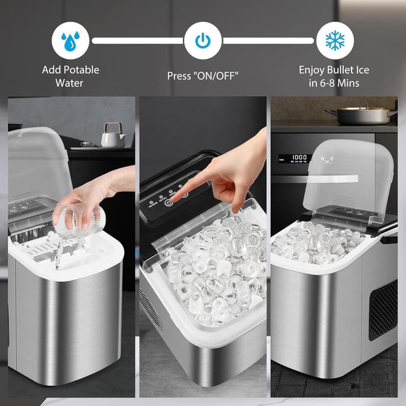 MAXEVE Ice Maker Countertop, 34LBs/24H Ice Machine, 2 Bullet Size, Fast Making 9Cubs in 5 Mins, Portable Ice Maker Machine with Self Cleaning, Ice Basket, Ice Scoop for Home/Office/Bar (Silver)
