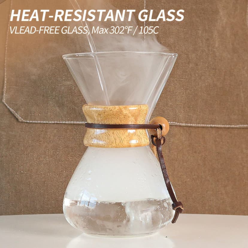 Pour Over Coffee Maker 27 OZ, 8 Cup Borosilicate Glass Drip Coffee Maker with Reusable Stainless Steel Filter and Cork Grip for Home Café 800 ML