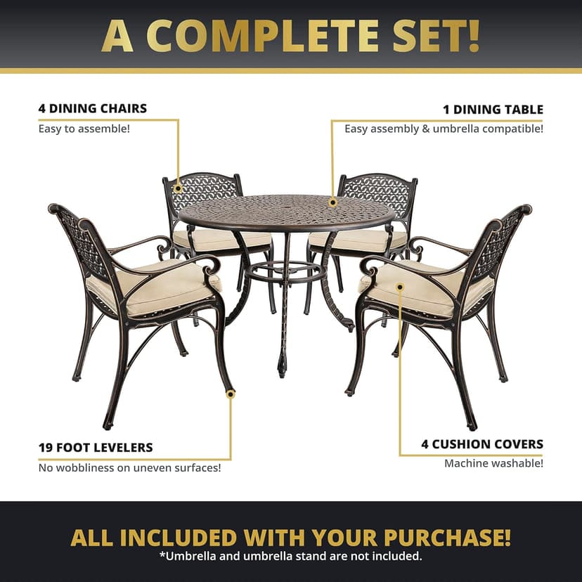 Kinger Home 5-Piece Cast Aluminum Outdoor Dining Furniture Set for 4, Round Patio Table and Chairs for 4 with Cushions, Outdoor Furniture Set with Umbrella Hole, All-Weather Patio Dining Set