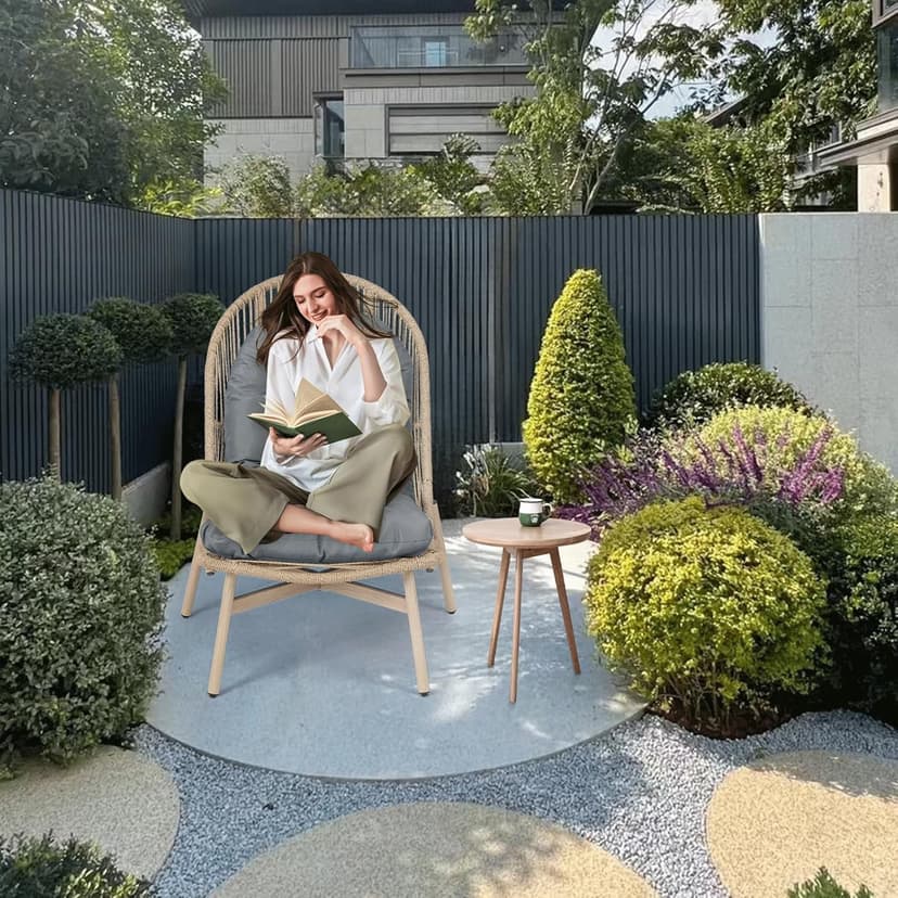 Athena Collection Rattan Egg Chair with Foldable Canopy, Patio Egg Chair Indoor Outdoor Lounge Egg Chair with Stand & Detachable Cushion for Garden, Porch, Backyard, Balcony, Gray