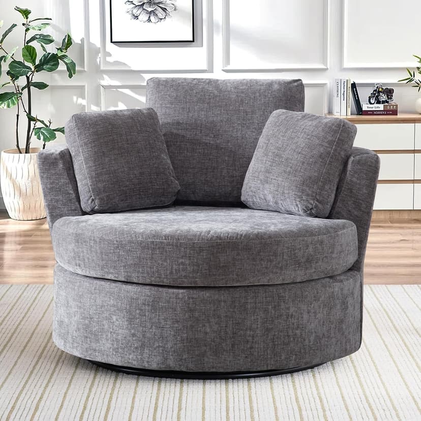 42" W Modern Grey Swivel Barrel Chair with 360° Round Metal Base & Soft Chenille Pillows & Thick Cushion, Comfy Oversized Chaise Longue Indoor Living Room, Bedroom Club Reading Armchair (Gray)