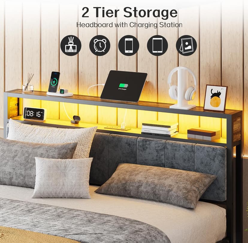 OLEVS Full Bed Frame with Headboard, Metal Platform Bed Full Size with 2-Tier Storage, LED Light & Charging Station Type C, No Box Spring Needed