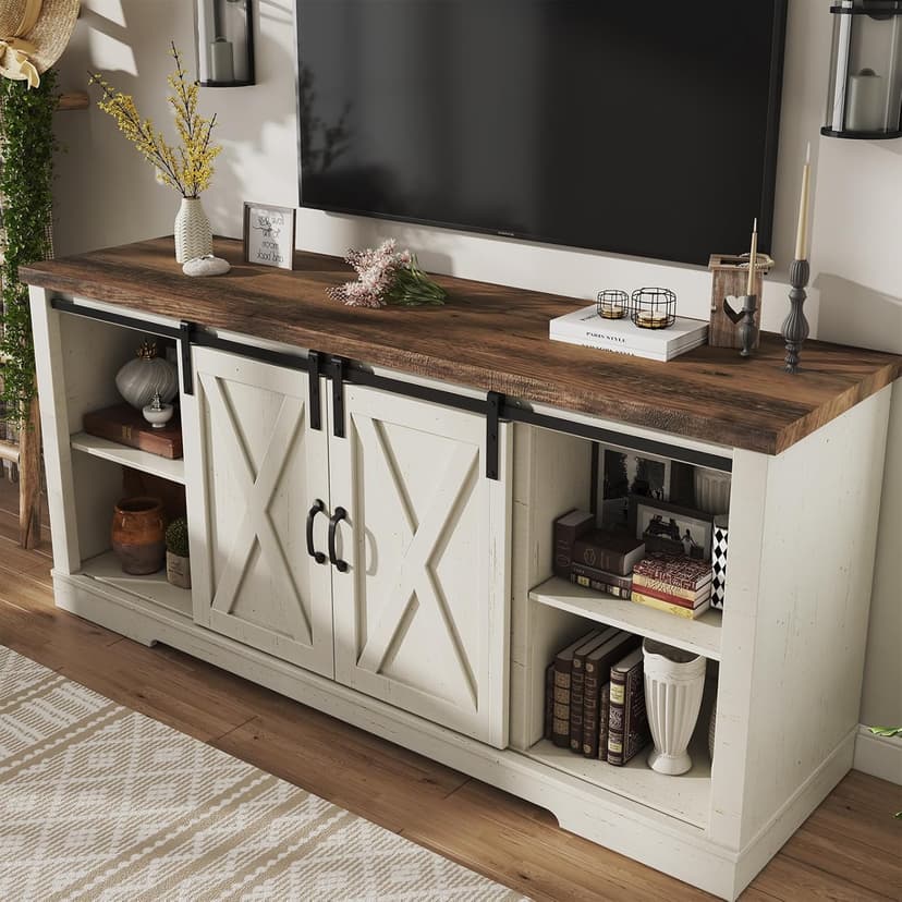AMERLIFE Fireplace TV Stand with Sliding Barn Door for TVs up to 73", Farmhouse 63" Fireplace Entertainment Center with Storage Cabinets/Adjustable Shelves, Distressed White & Barnwood