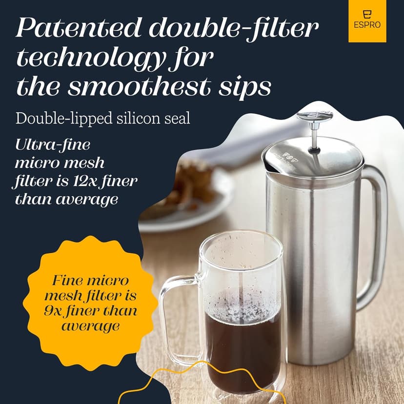 ESPRO P7 French Press Coffee Maker - Double-Walled Stainless Steel Insulated with Micro-Filter, 18 Oz, Brushed Stainless Steel