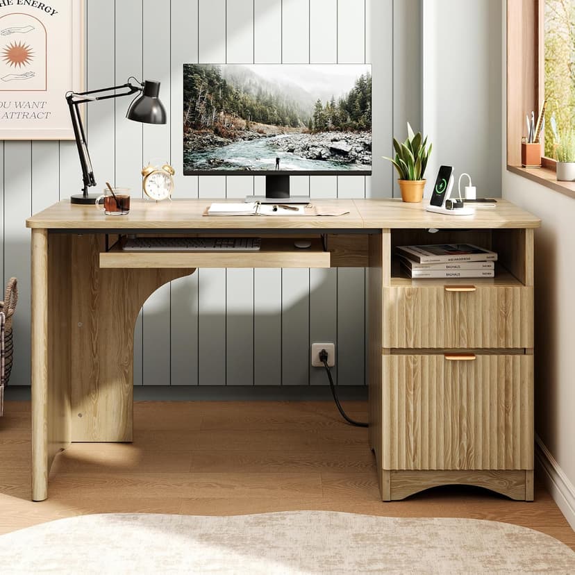 Bestier Computer Desk with Keyboard Tray, 55 inch Office Desk with Power Outlet, Modern Home Office Desk with File Drawer (Natual Oak, 55" W with Single-Sided Drawers)