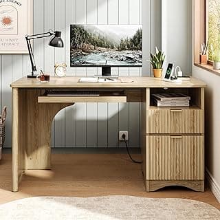 Bestier Computer Desk with Keyboard Tray, 55 inch Office Desk with Power Outlet, Modern Home Office Desk with File Drawer (Natual Oak, 55" W with Single-Sided Drawers)