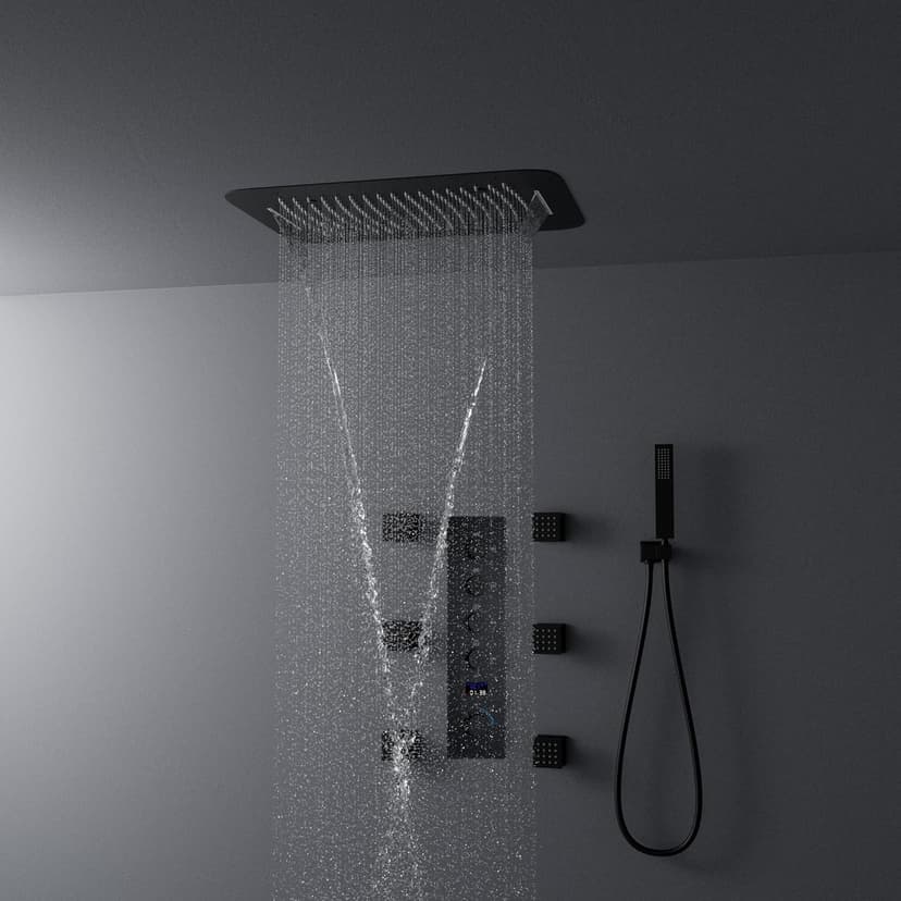 AYIVG Matte Black Thermostatic Rainfall Full Body Shower System With 2 In 1 Waterfall Rainfall Ceiling Mount 16 X 24 Inch Rain Shower Head 6 Jets Temperature Display Shower Faucet Set