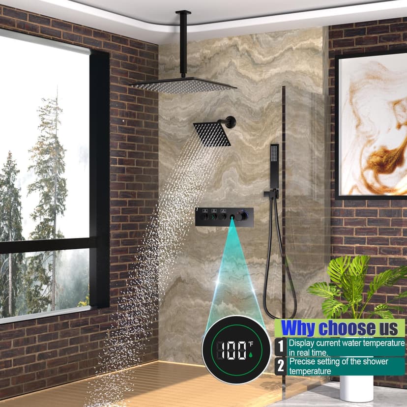 Enga Temperature Display Shower System with Dual Shower Heads, 16" + 6" Dual Rain Shower System, Push-button Valve Thermostatic Shower Faucet Set, Can All Run Together & Flow Adjustable, Matte Black