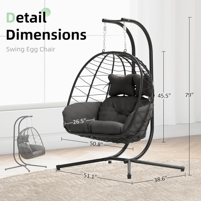 Double Egg Chair wth Stand Hammock Swing Chair Foldable Hanging Loveseat, UV Resistant Removable Cushions, 700LBS Capacity for Bedroom, Balcony, Garden(BK-GR)