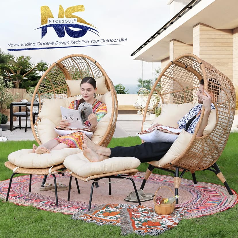 NICESOUL Wicker Egg Chair with Ottoman, Indoor Outdoor Egg Basket Lounge Chair w/Cushion, Oversized Egg Seat with Legs 440 Lbs, Comfy Cozy Boho Style Nest Chair w/Footrest for Patio, Balcony, Beige