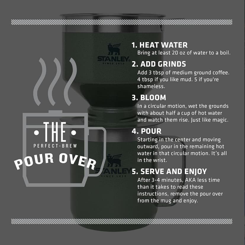 Stanley Perfect Brew Pour Over Set | 12 oz Camp Mug with Lid Included | Drip Coffee Maker with Reusable Filter | Insulated Stainless Steel | BPA-Free | Hammertone Green
