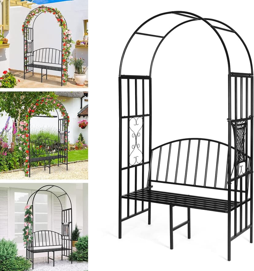 Garden Arch Heavy Duty (Holds 660lbs-250kg) | Metal Arbor Archway for Climbing Plant & Two People Seat Bench |Outdoor Lawn Backyard Decor 81 x 45.3 x 20 in - Black