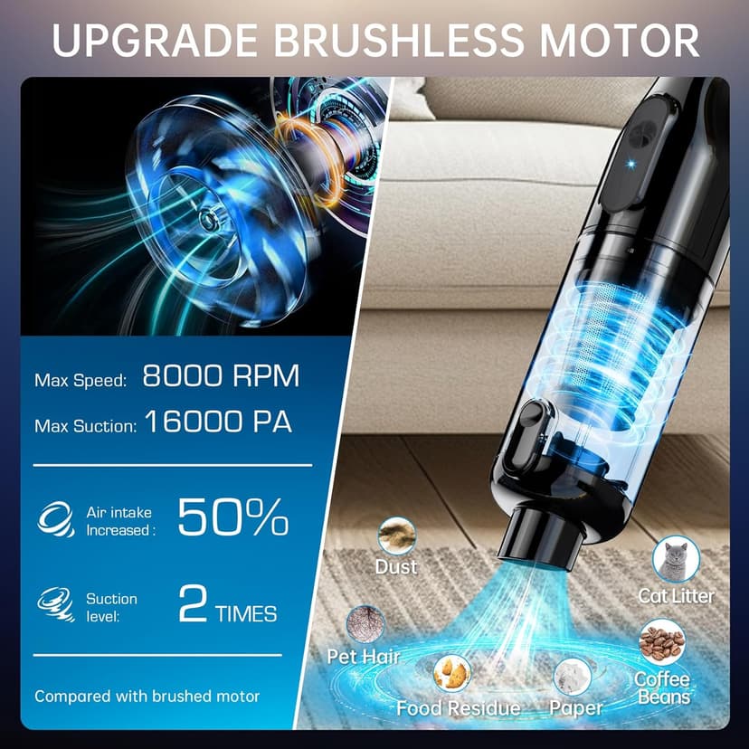 Handheld Vacuum Cordless, Car Vacuum with 16000Pa Powerful Suction, Lightweight at 1.3 lbs, Rechargeable Vacuum Cleaners for Home Office Car Pets with Brushless Motor, Multiple Accessories