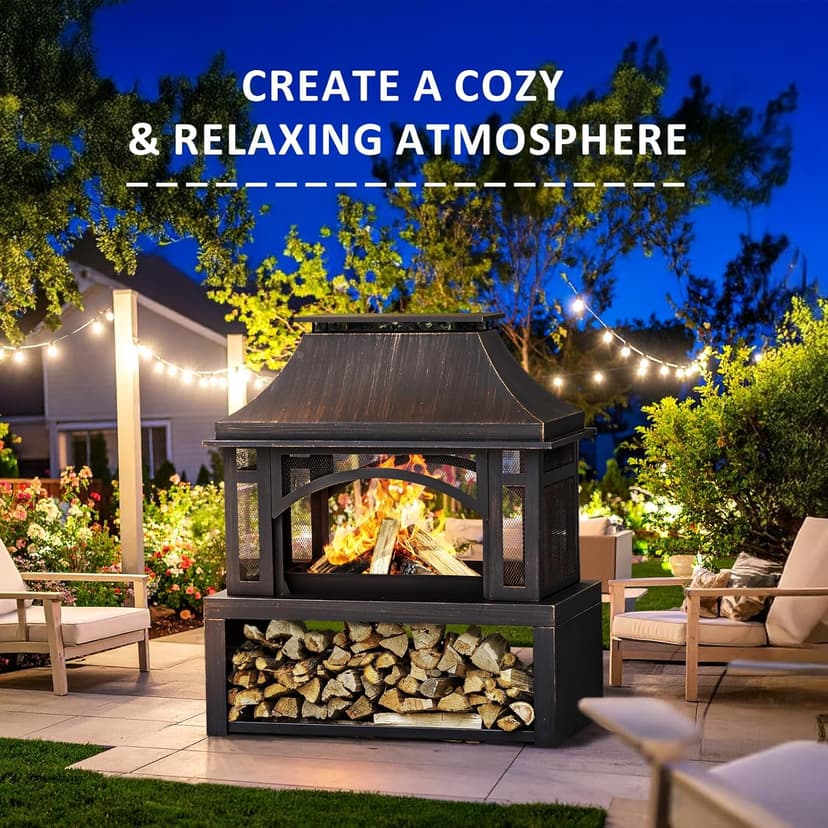 39" Fire Pits with Wood Storage for Outside, Large Wood Burning Outdoor Fireplace with Chimney, Mesh Spark Screen & Fire Poker, Idea for Backyard, Patio, Party, Camping, Picnic