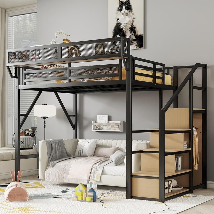 Full Size Loft Bed with Stairs and Storage, Metal Loft Bed Frame with Bedside Shelf and Large Under-Bed Space, Heavy-Duty Bed for Adults Teens and Kids, Black