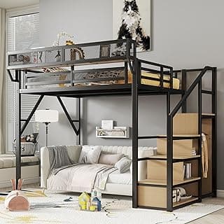 Full Size Loft Bed with Stairs and Storage, Metal Loft Bed Frame with Bedside Shelf and Large Under-Bed Space, Heavy-Duty Bed for Adults Teens and Kids, Black