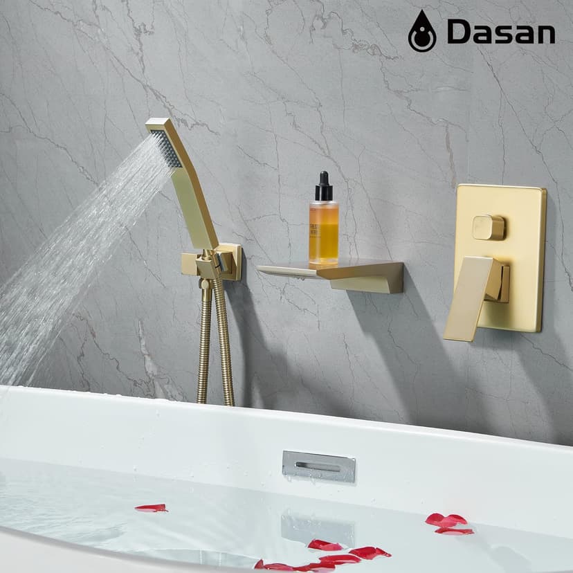 DASAN Waterfall Tub Filler Faucet Wall Mount with Hand Shower, Modern Wall Mounted Bathtub Faucet Brushed Gold Tub Faucet with High Flow Rough in Valve, SA-TF01WH-BG