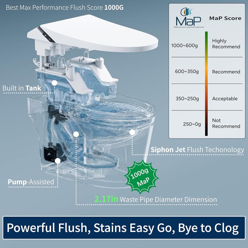 Smart Toilet with Bidet Built in, Toilets with Tank, Auto Open Close, Auto Flush, Foot Sensor, Heated Seat, Warm Water, Foam Dispenser, Elongated Bidets for Modern Bathroom, Remote, Night Light