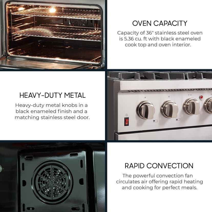 FORNO Galiano Dual Fuel 36" Inch. Freestanding Range 6 Sealed Brass Burners Cooktop - 5.36 Cu. Ft. Convection Electric Oven - Stainless Steel Stove Range Heavy Duty Cast Iron Grates