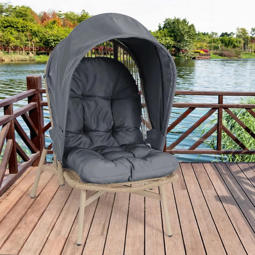 Athena Collection Rattan Egg Chair with Foldable Canopy, Patio Egg Chair Indoor Outdoor Lounge Egg Chair with Stand & Detachable Cushion for Garden, Porch, Backyard, Balcony, Gray