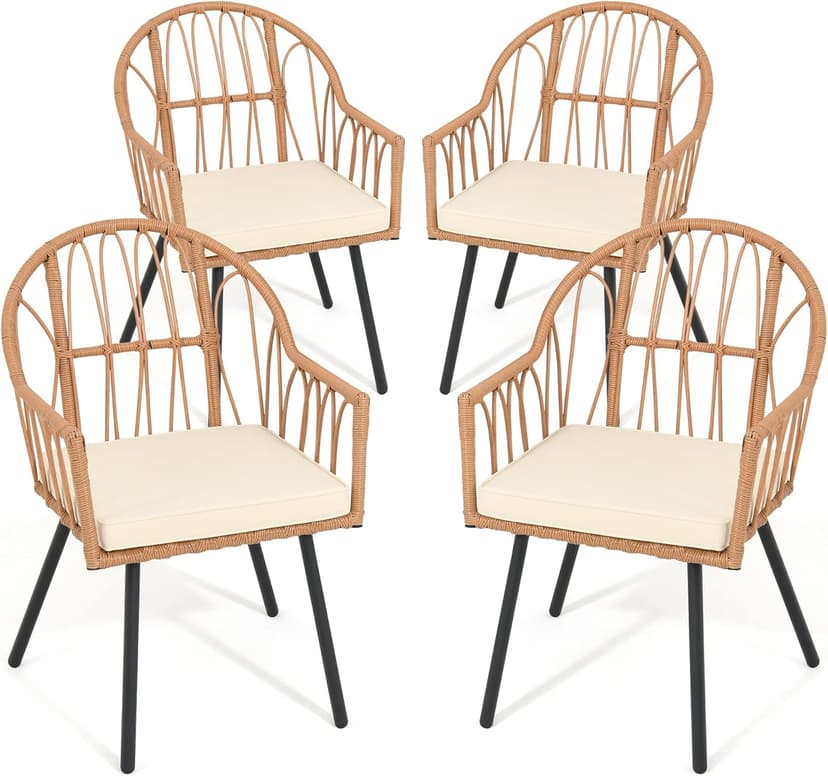 YITAHOME 4 Pieces Rattan Wicker Dinning Chairs, Outdoor Indoor Patio Furniture Set with Cushion and Curved Back All Weather Bistro Chair for Garden Backyard Porch Poolside Restaurant (Beige)