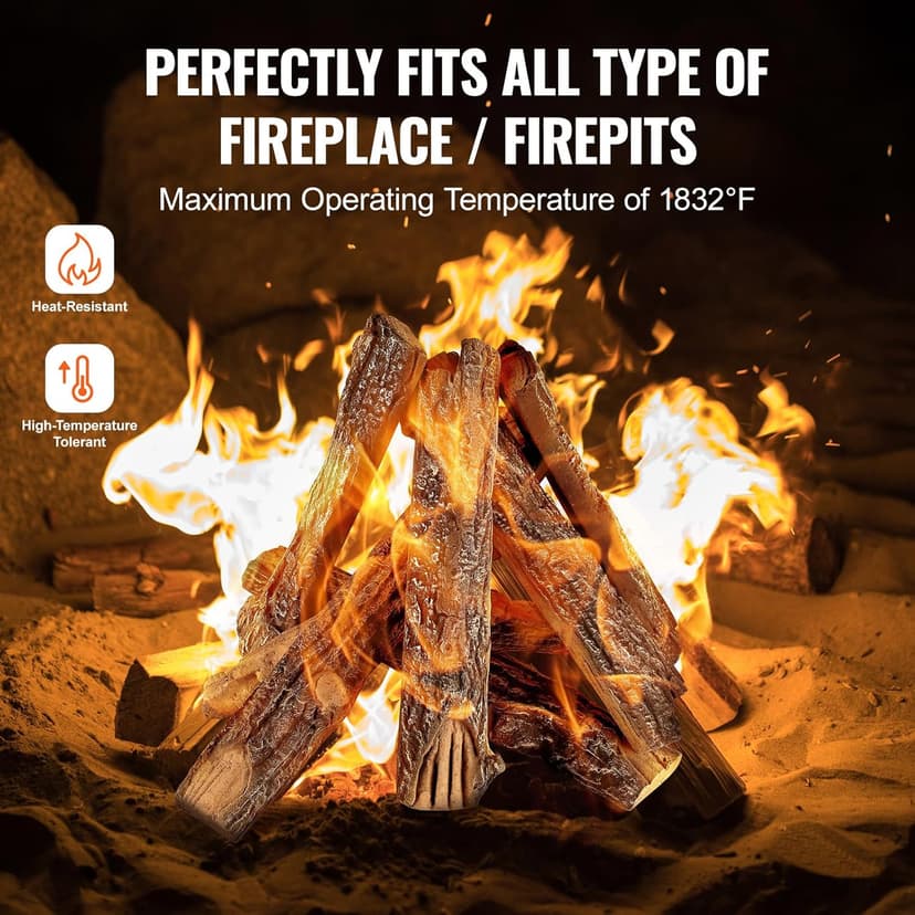 VEVOR 8 Pcs Oak Logs, Gas Fireplace Ceramic Logs for Fire Place, Heat-Resistant Wood Log Gas Realistic Logs, Stackable Wood Branches for Gas Fireplace, Firebowl Indoor or Outdoor