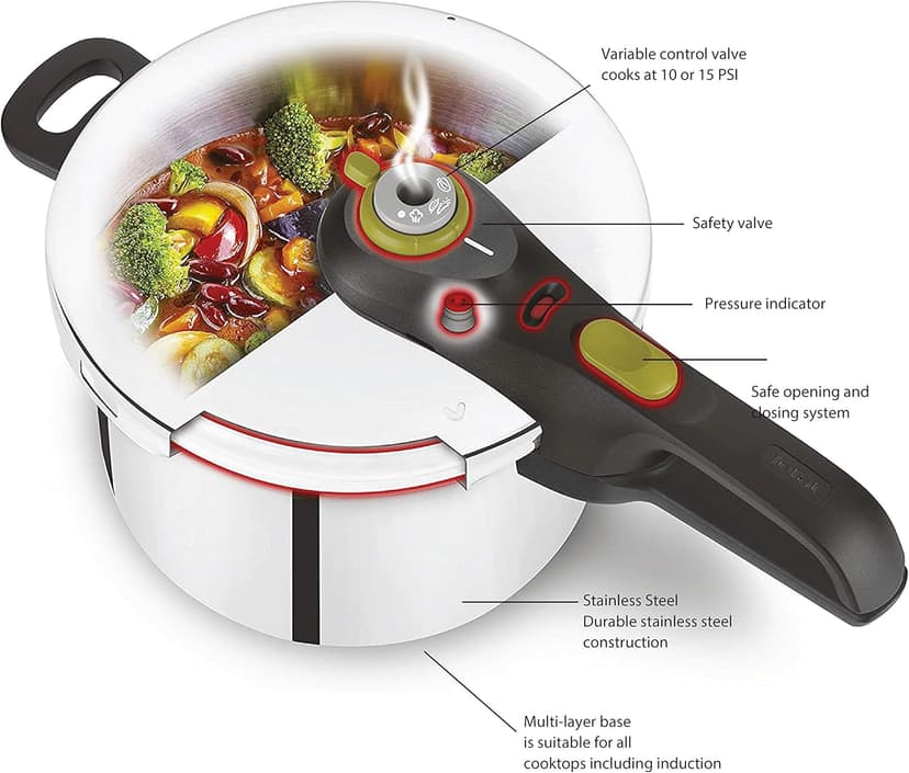T-fal Ultimate Stainless Steel Pressure Cooker 6.3 Quart, Induction Compatible, Secure Locking Lid, Safe & Easy to Use, Cookware, Pots and Pans, Kitchen, Dishwasher Safe, Silver