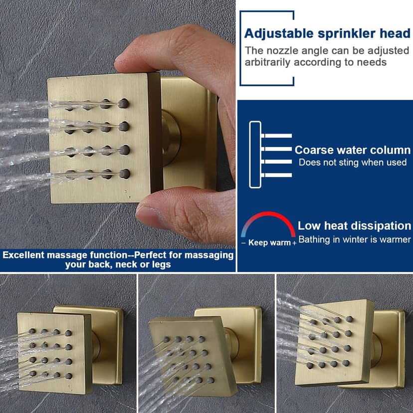 Thermostatic Shower System Dual Shower Heads with 16" Ceiling Mounted Rain Shower Head & 6" Wall Mounted Head 4 Function Shower System with body jets Can All Run Together, Brushed Gold