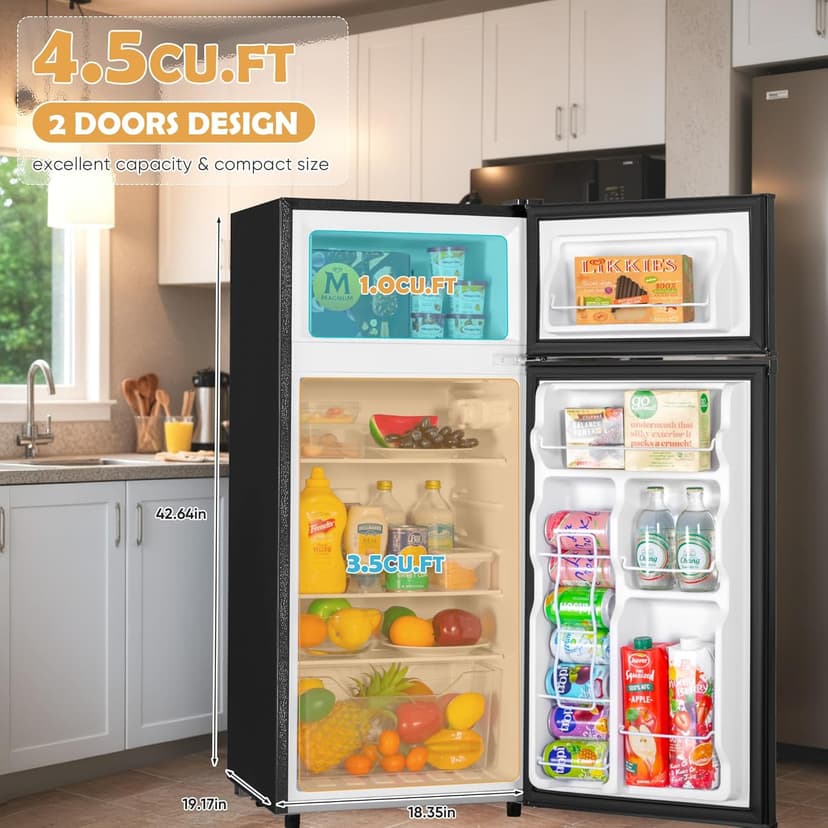 4.5 Cu.Ft Mini Fridge with Freezer, Small Refrigerator with 2 Doors for Kitchen, Dorm, Office and Bedroom, Mini Fridge with Adjustable Shelves (Black)