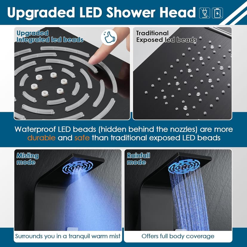 ROVOGO Shower Panel Tower System with Rainfall Mist Shower Head, Body Jets, Handheld and Tub Spout, Led Lights and Temp Display No Battery Needed, Unibody Shower Column 304 Stainless Steel Black