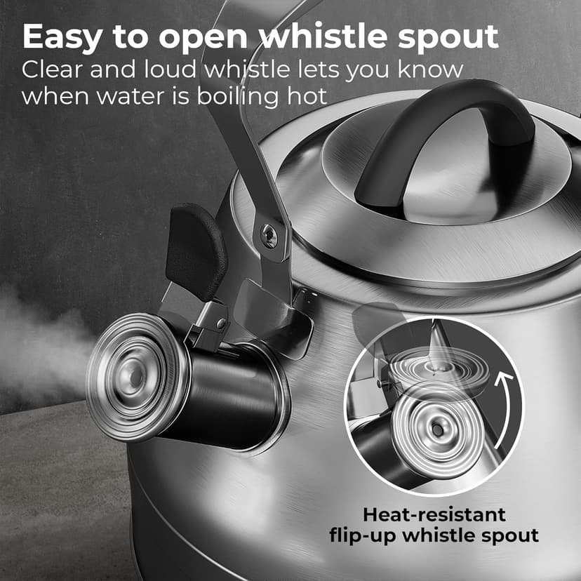 Stovetop Whistling Tea Kettle – 2.4 QT Stainless Steel Teapot with Ergonomic Handle, Fast Heating for Gas, Electric & Induction Stoves – Satin Finish, Silver