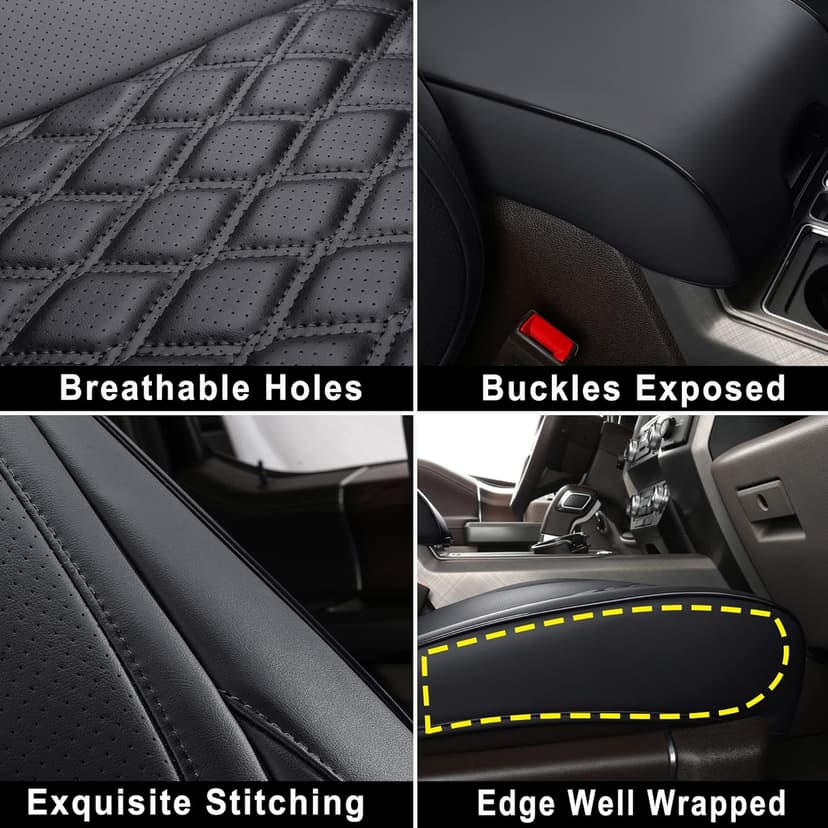Huidasource Ford Seat Covers, Leather Pickup Seat Cushion Cover Fit for 2015-2024 Ford F150 SuperCrew & 2017-2024 F250 F350 F450 Super Duty Crew Cab XL XLT Lariat King Ranch Platinum(Full Set/Black)