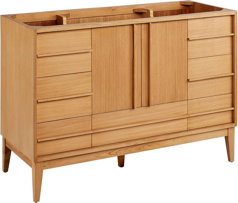 Signature Hardware 955208-48-RUMB Sybill 48" Freestanding Teak Single Basin Vanity Set with Cabinet, Vanity Top, and Rectangular Porcelain Sink - No Faucet Holes - Natural Teak/Arctic White