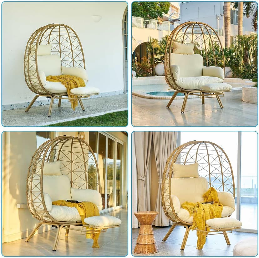 Wicker Egg Chair with Footrest & Cushions - Oversized 450lb Capacity Boho Wicker Egg Chair with Ottoman for Indoor/Outdoor - Beige Rattan Lounge Seat for Patio, Balcony, Garden, Home