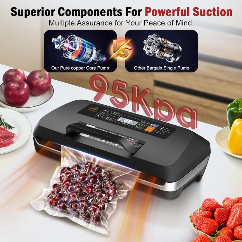 95kpa Vacuum Sealer Machine,Commercial Fully Automatic Food Sealer,10-in-1 Functions & Powerful Sealing System with Double Heat Seal,Easy-Lock Handle,Built-in Cutter,1 Bag Rolls and 10 Pre-cut Bags