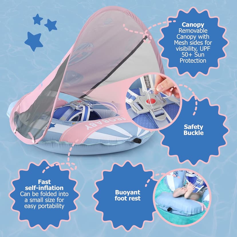 MAMBOBABYFLOAT Light Traveler 2025 — Safe, Comfortable, Adjustable Baby Pool Float with Canopy — Sun Protection, Self-Inflating, 5-Way Buckle System (Hot Air Balloon, Pink)