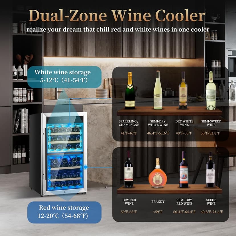 Wine Refrigerators,52-bottle Wine Fridge Cooler Freestanding Wine Refrigerator,(Bordeaux 750ml) Dual Zone Compressor Wine Cellar Chiller