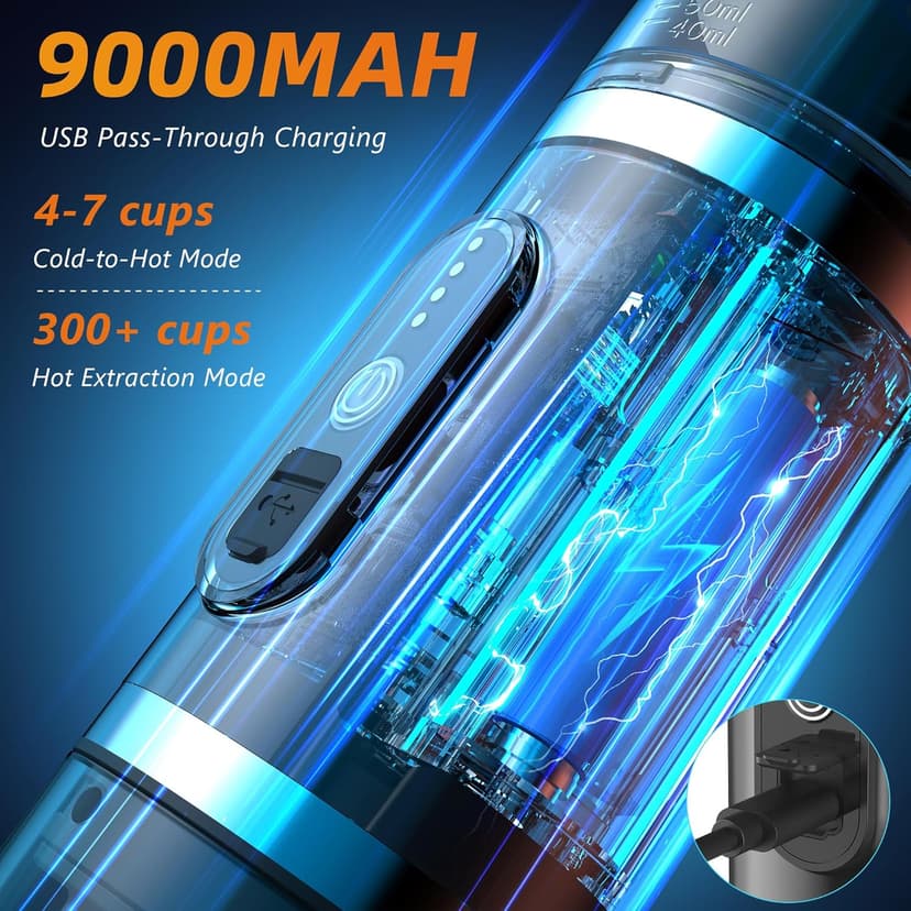 Hobsir Portable Electric Espresso Maker, 9000mAh Milk Frother Travel Coffee Machine for Camping, Car Coffee Maker with Frothing Base, USB-C, 3in1 Capsule, Portable Small Espresso Coffe Machine, Black