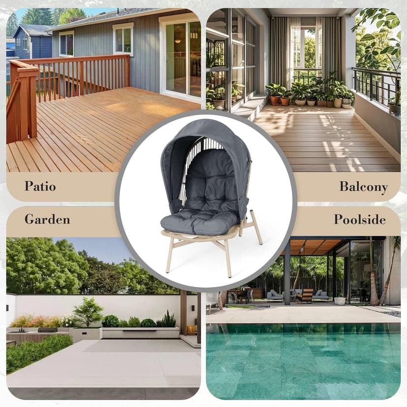Athena Collection Rattan Egg Chair with Foldable Canopy, Patio Egg Chair Indoor Outdoor Lounge Egg Chair with Stand & Detachable Cushion for Garden, Porch, Backyard, Balcony, Gray